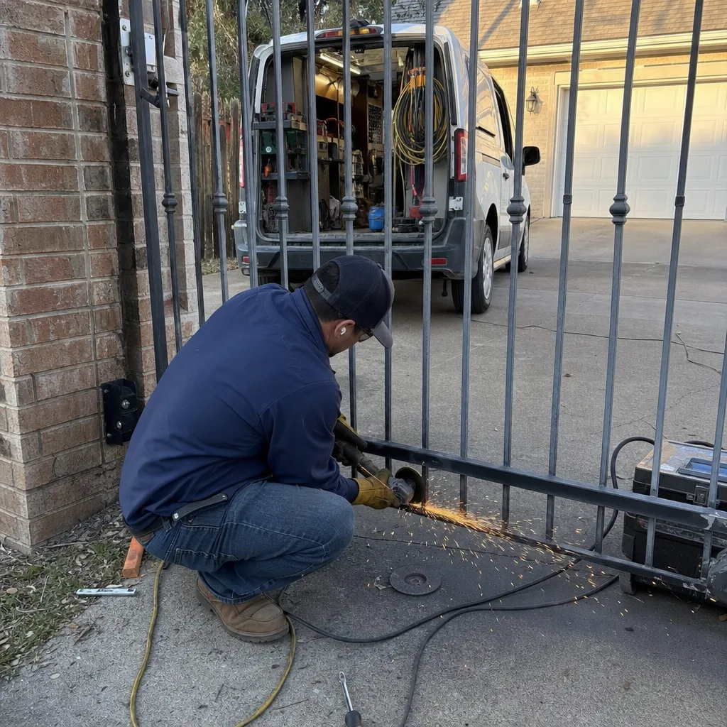 Technician using a grinder to repair a metal gate