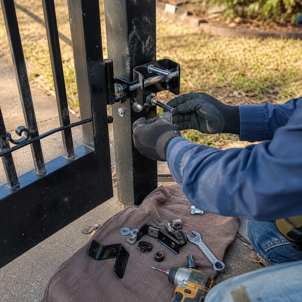 Professional performing metal gate hinge repair with tools