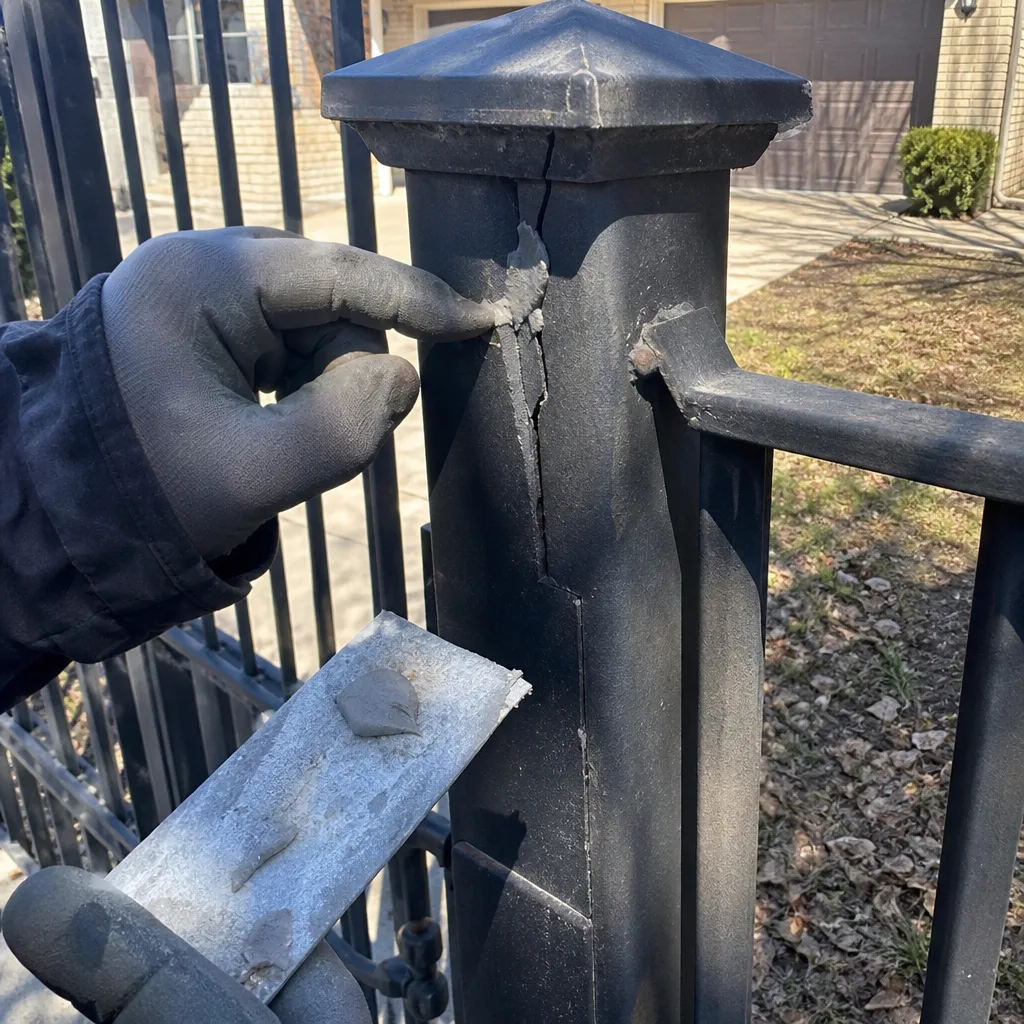 Professional technician repairing a crack in a black metal fence post